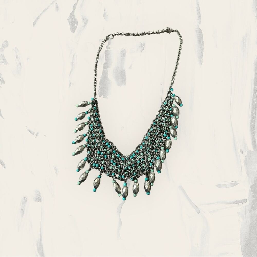 Silver Toned Blue Beaded Waterfall Mail Bib Chunky Dangle Collar Necklace